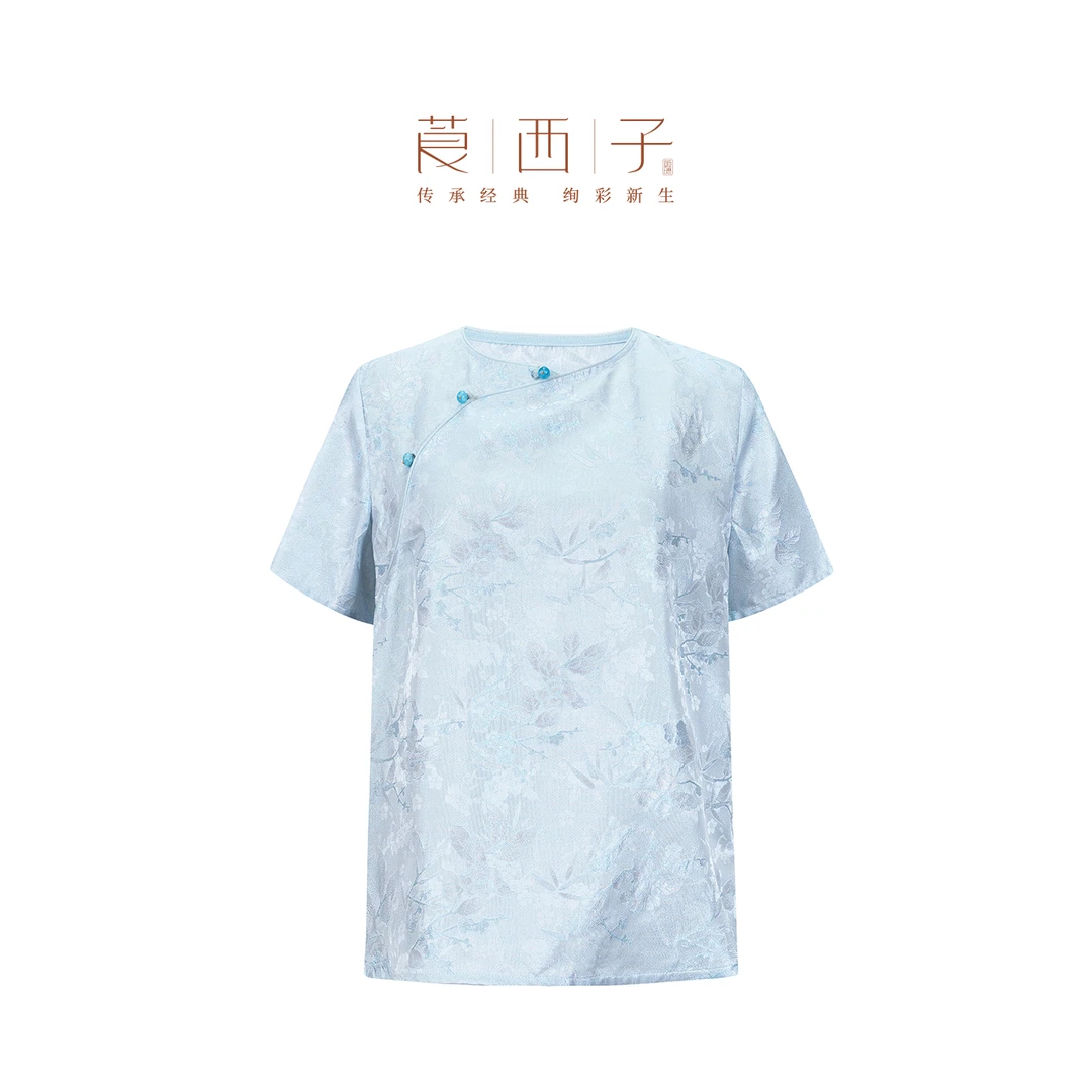 【景行】蓝色老钱风圆领薄款短袖提花气质出游百搭夏季上衣