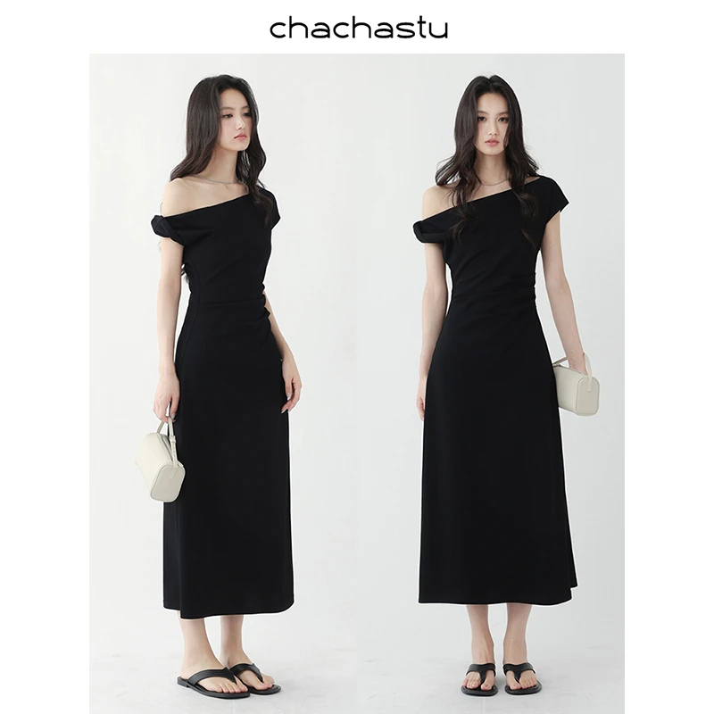 CHACHASTU【六月】小爆款法式气质扭结斜肩 气质小黑裙ZRS1721