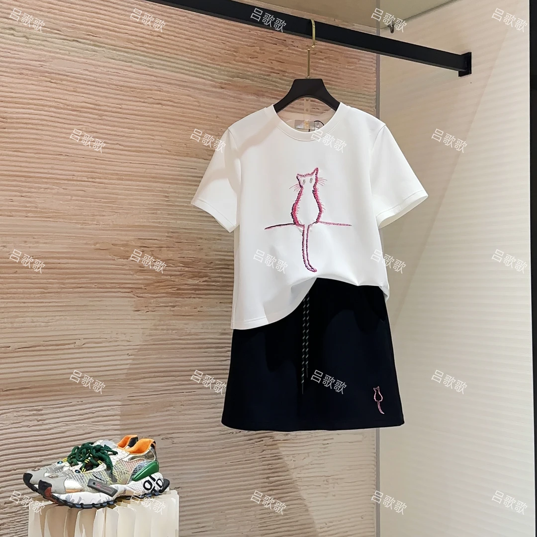 【宠粉价 】夏季新款小猫短袖两件套大码微胖显瘦套装裙TZ-69