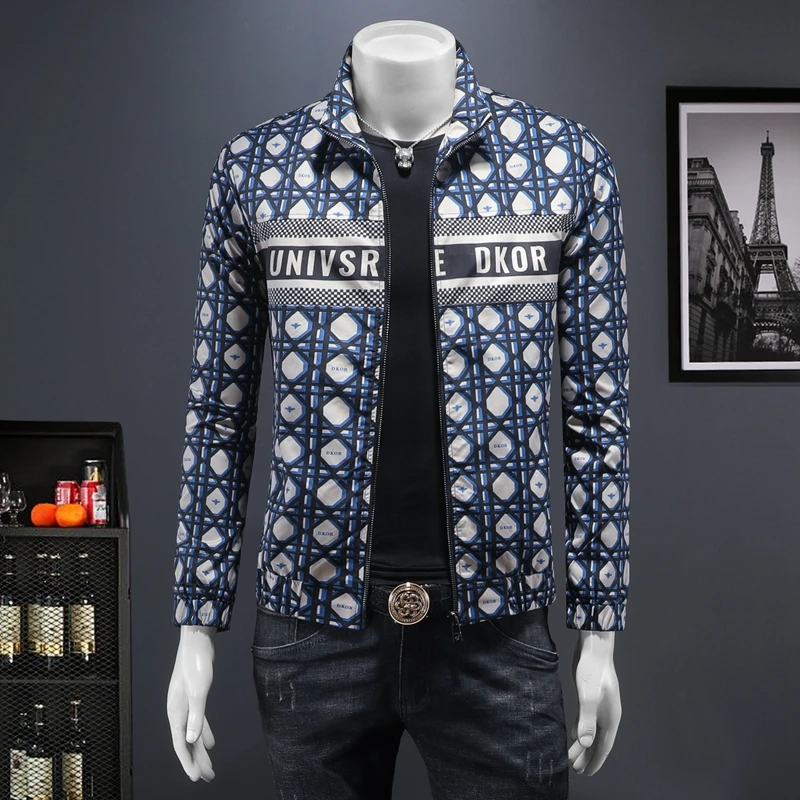 卡因耶查秋季立领休闲花色夹克男士修身字母印花个性外套潮流上衣