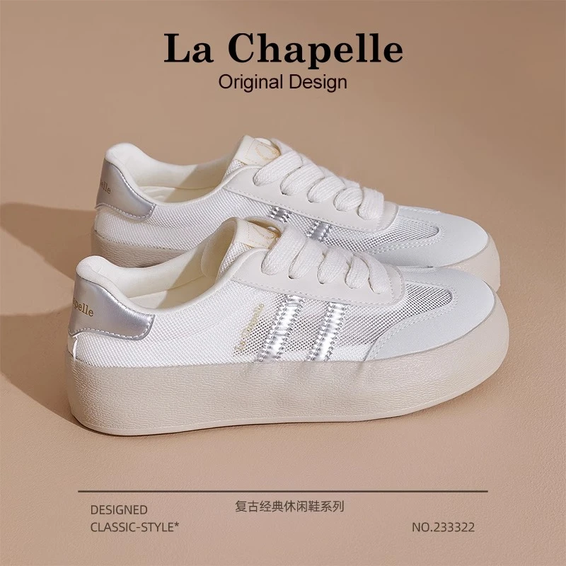 拉夏贝尔网面德训鞋女2025新款夏季厚底薄款小白鞋运动透气板鞋女