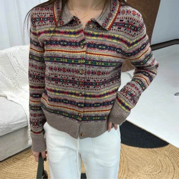 “AWONDERWEEK”费尔岛嵌花图案羊毛小翻领针织开衫外套———黑鸭子