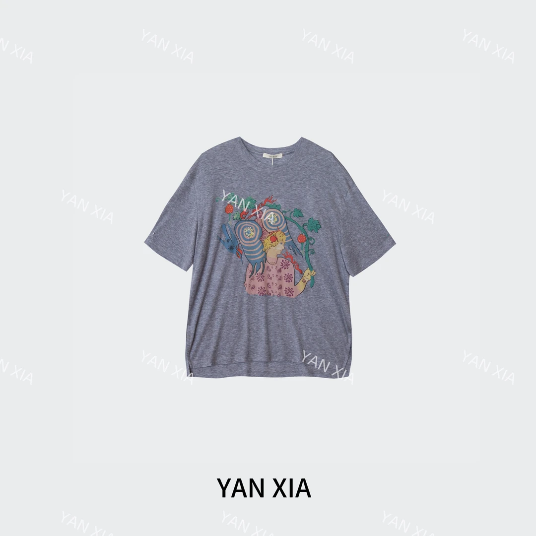 "神鸟少年" 莱赛尔+绵羊毛短袖 珠绣印花 宽松轻薄女士T恤 W-347