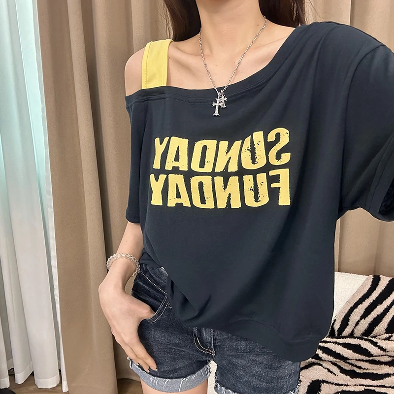 K大码夏季斜肩吊带撞色字母休闲印花短袖T桖时尚宽松显瘦百搭韩版