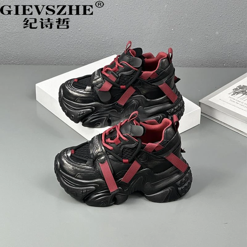 纪诗哲牛皮做旧复古老爹鞋女欧洲站厚底内增高女鞋2025秋季新款运