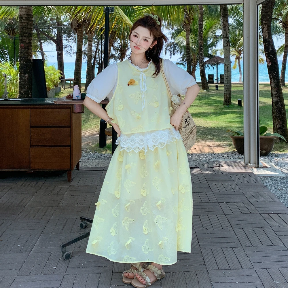 浅黄减龄立体花套装裙女夏2025新款法式叠穿背心小衫半身裙三件套