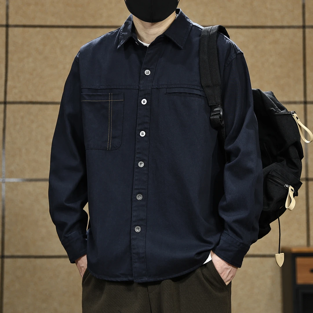 美式复古仿牛仔天丝棉长袖衬衫男士秋季新款潮牌宽松百搭休闲衬衣