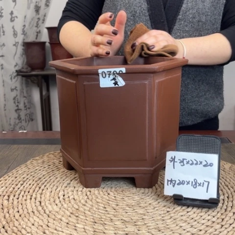 紫砂花盆精品紫泥奎面六方0790