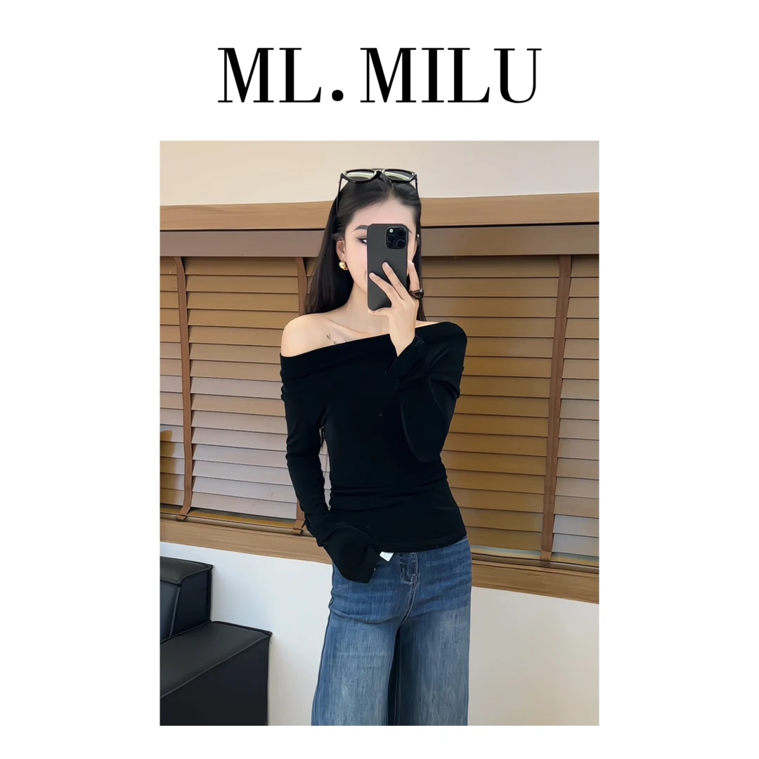 秋季新款斜肩一字肩两穿长袖T上衣秋季百搭小众修身t恤女