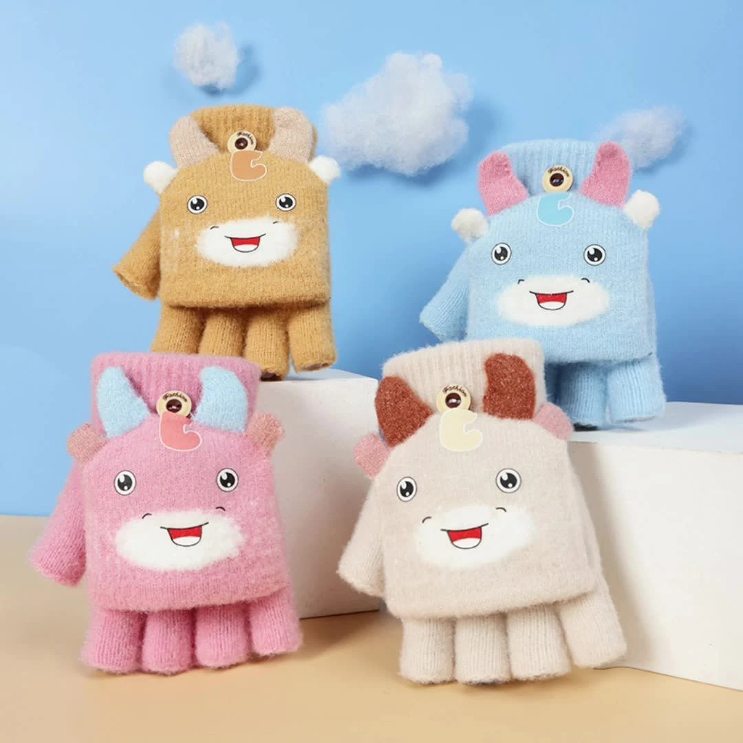 儿童写作业手套学生冬季针织手套翻盖半指男女防寒保暖手套骑行