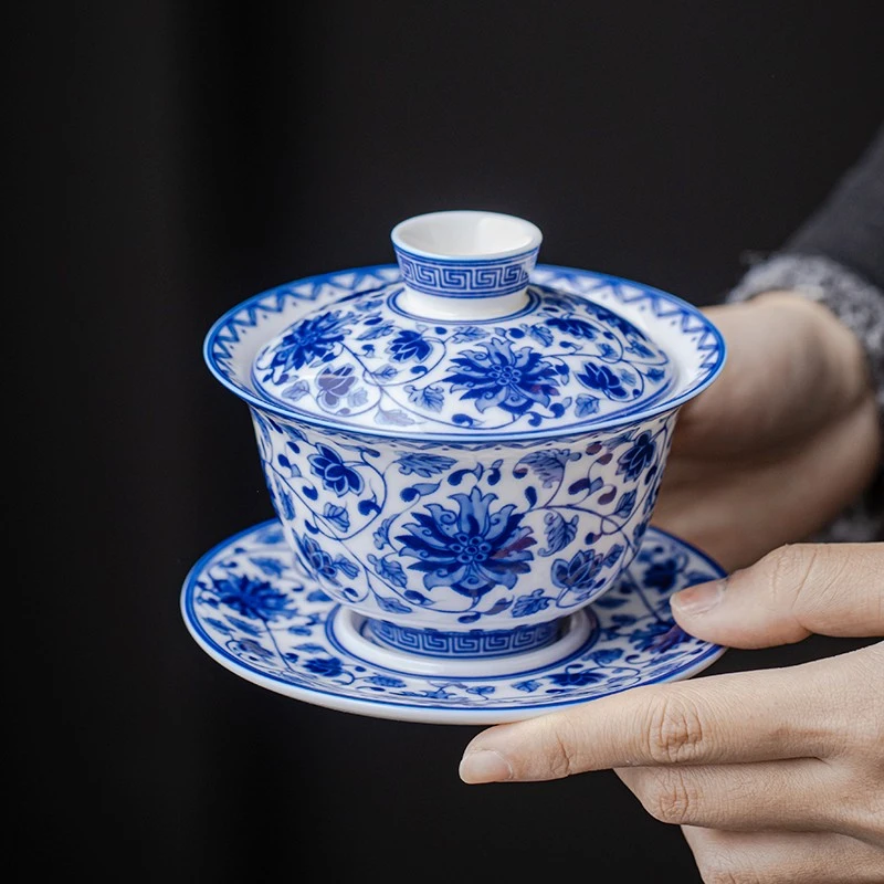 悬停盖碗缠枝莲青花复古三才泡茶杯羊脂玉白瓷单个不烫手陶瓷茶具