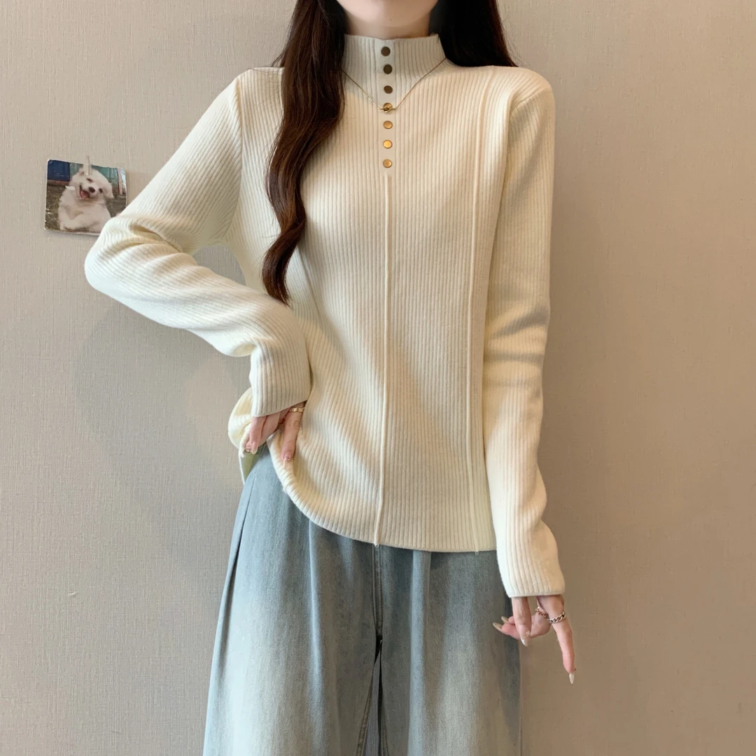 高级感半高领针织衫毛衣女2025冬季大码女装一体绒打底衫内搭上衣