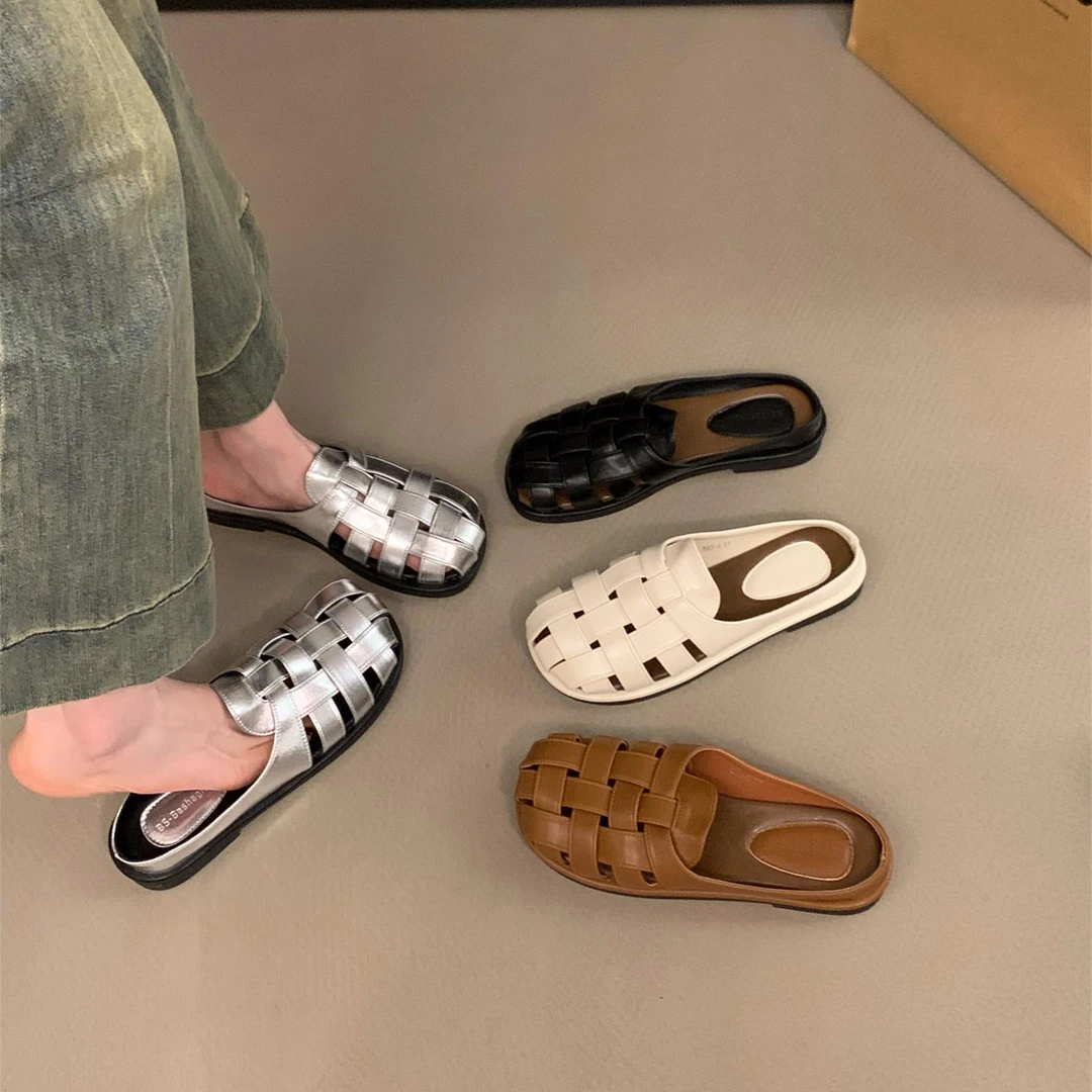 平底复古编织包头半拖鞋女鞋子外穿2025新款夏季软底凉拖罗马凉鞋