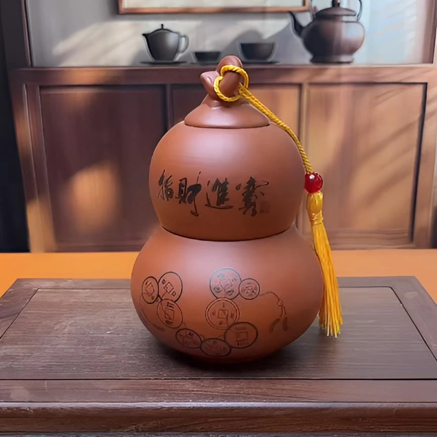 G3235-紫砂葫芦罐中号手工高档创意罐子大号储存茶叶罐茶道中式