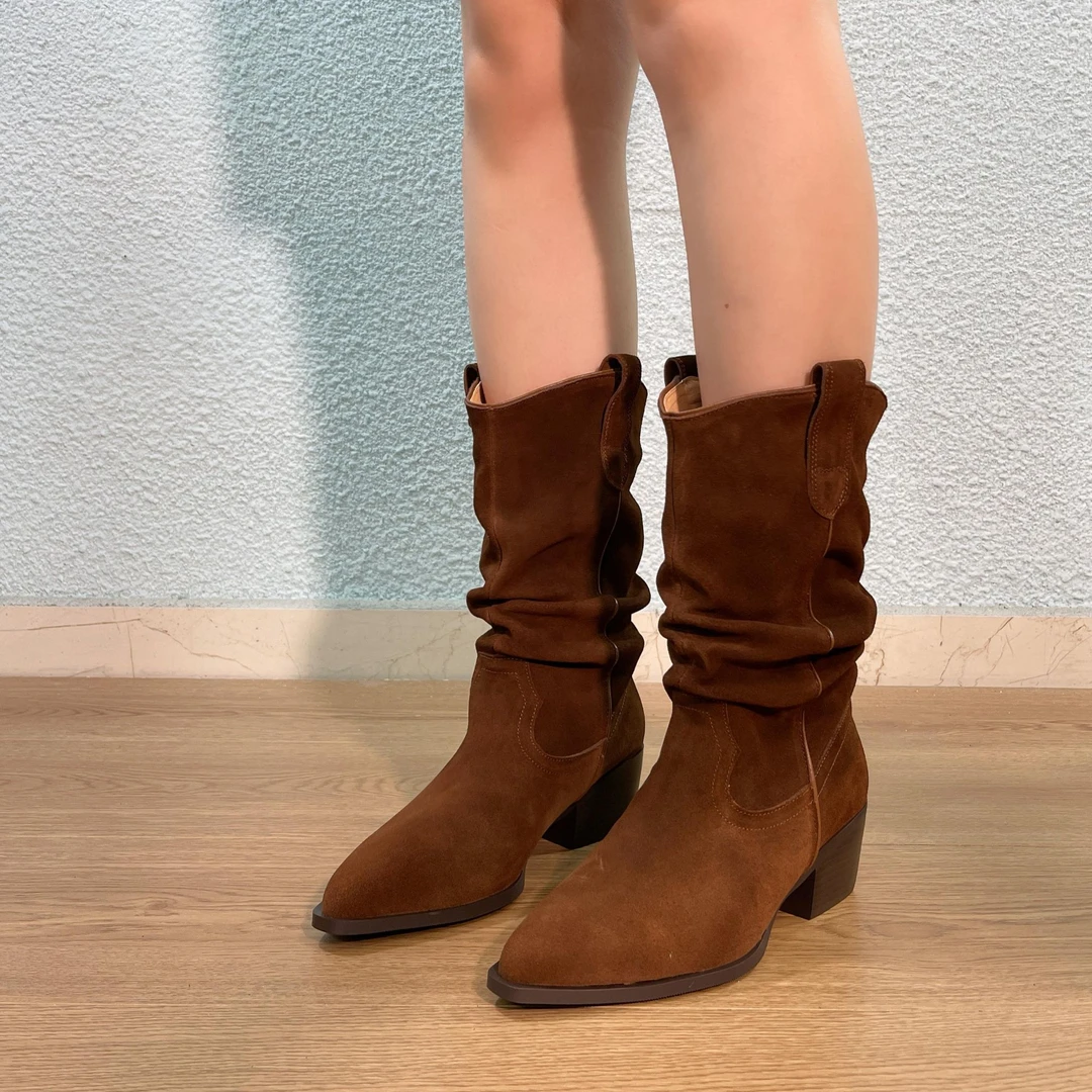 短筒靴2025秋冬新款百搭女尖头西部牛仔复古气质简约粗跟堆堆靴