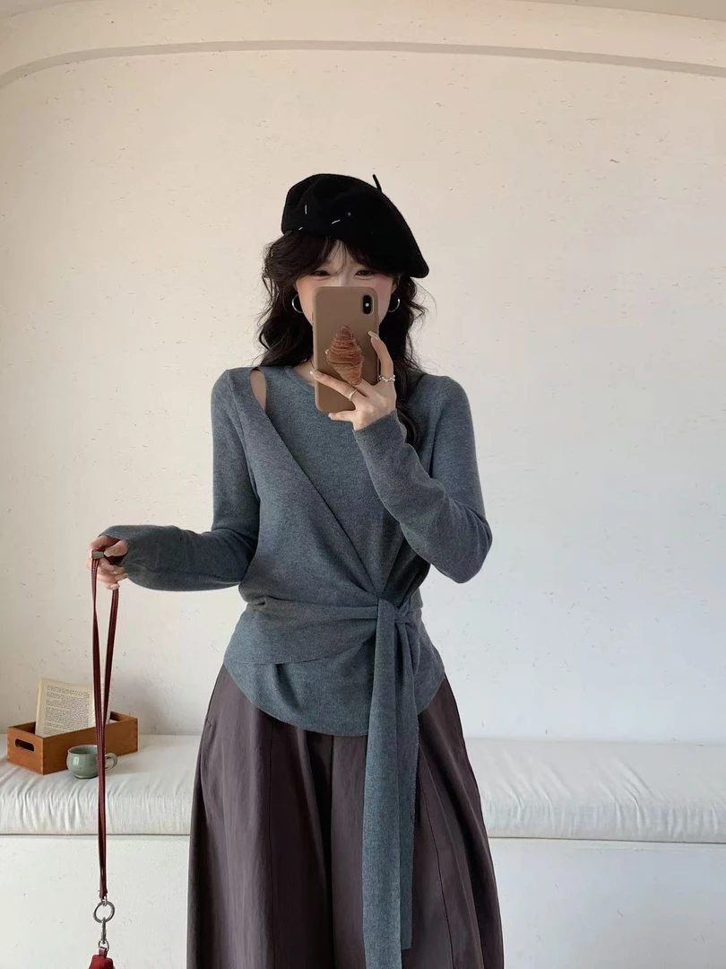 针织衫系带不规则显瘦款假两件针织上衣高级感纯色修身毛针织衫女
