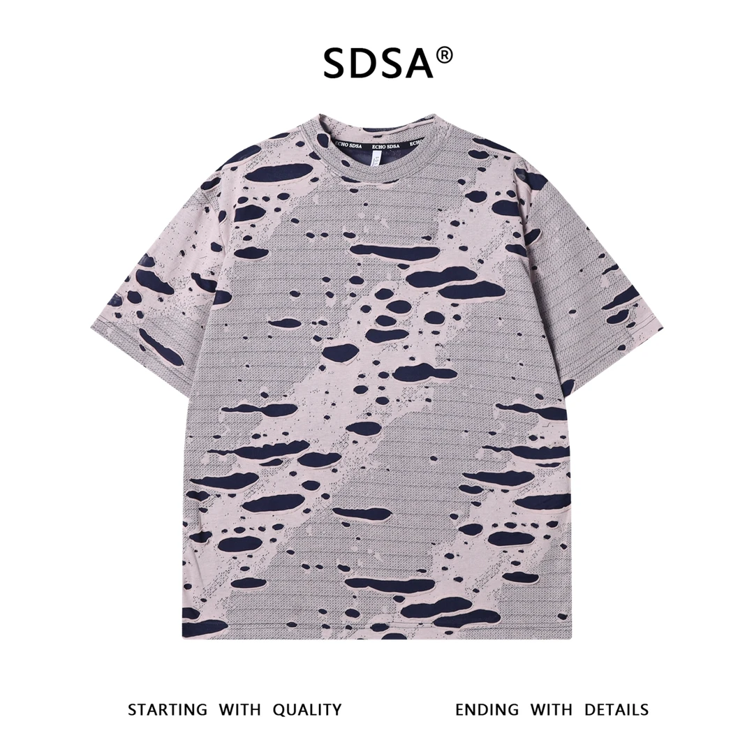 夏季高级感新款美式撞色割破短袖T恤嘻哈百搭暗纹圆领宽松上衣