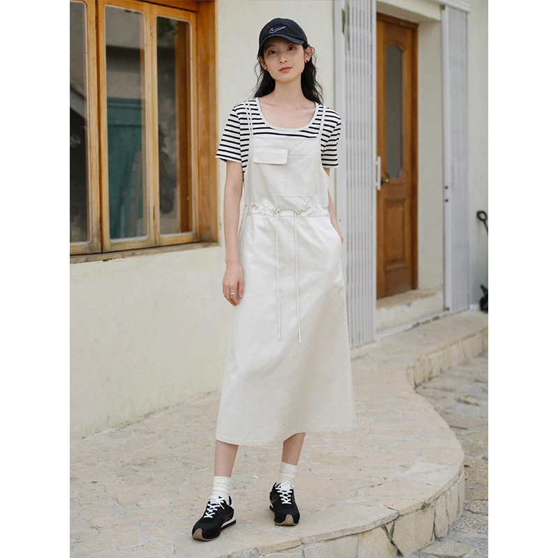 清仓【2016】天丝棉韩版背带裙~抽绳工装风休闲背带连衣