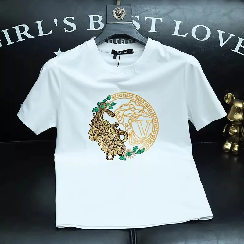 塞弗索罗温夏季刺绣T恤男短袖新款夏装刺绣修身圆领半袖大码t恤