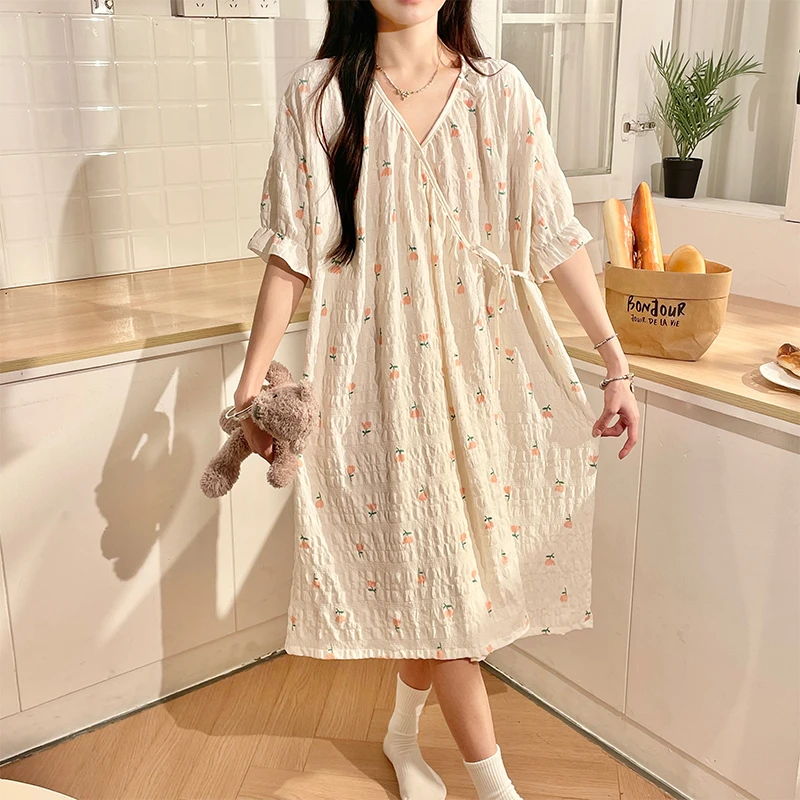 产妇待产裙孕妇睡衣哺乳睡裙夏季短袖薄款系带和服产检夏天进产房