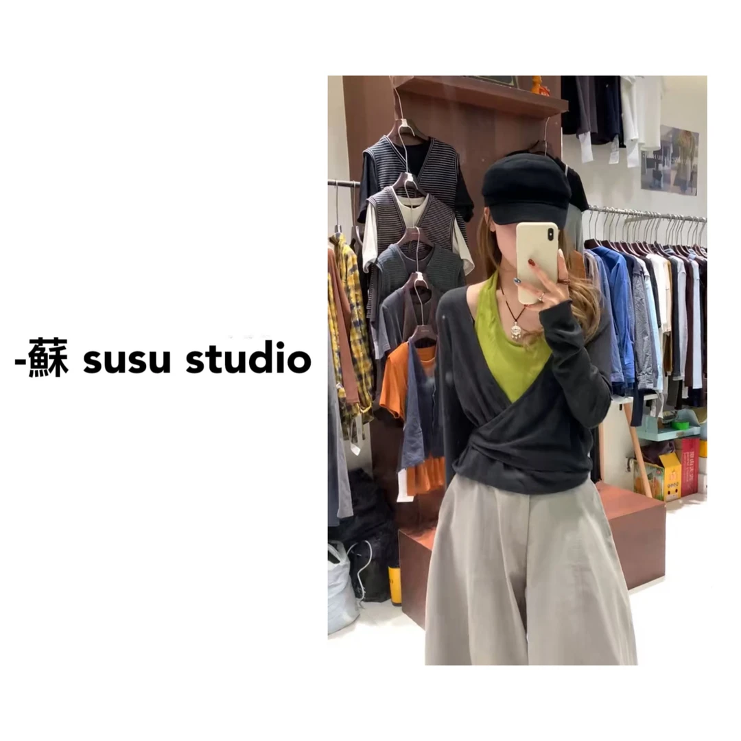 MM韩系假两件挂脖T恤女2025秋季新款百搭显瘦打底上衣069