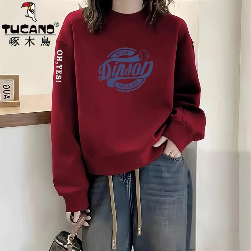 啄木鸟纯棉春秋季慵懒风百搭圆领卫衣女别致外穿气质套头无帽上衣