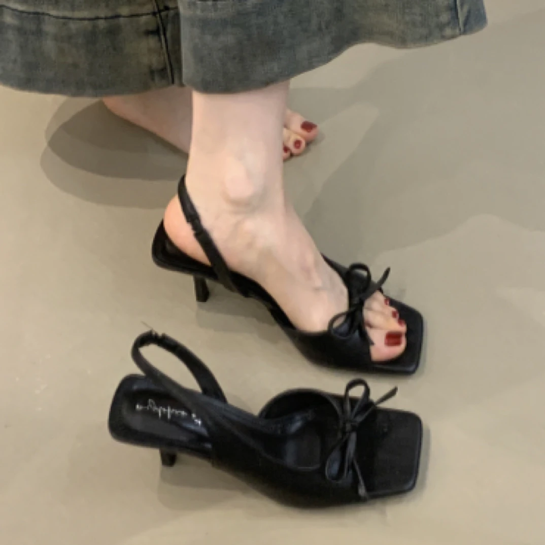 MDH-268-2温柔仙女高跟鞋法式气质名媛水蝴蝶结露趾细跟后空凉鞋