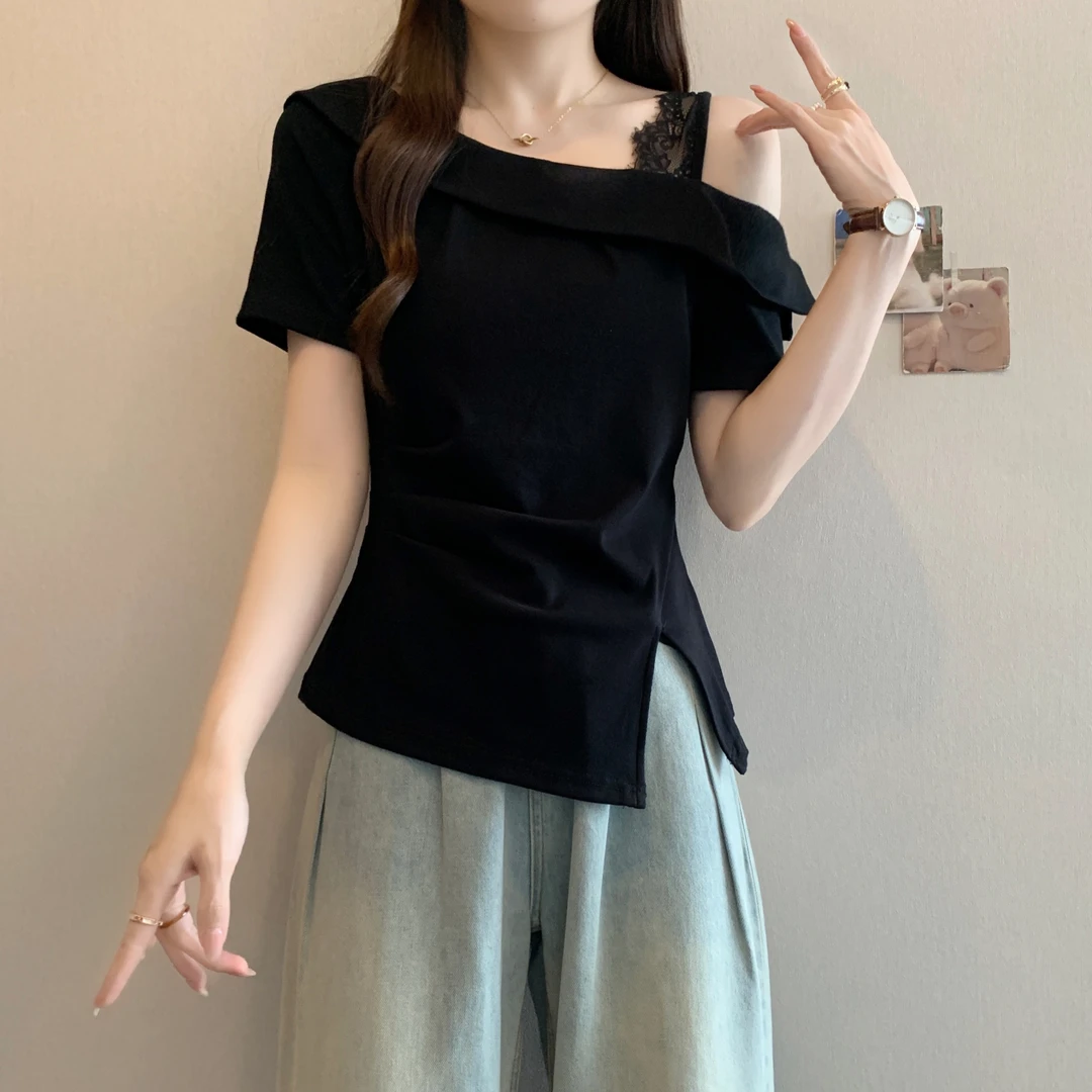 官图夏季新款女装设计感蕾丝拼接修身独特斜领不规则短袖T恤上衣