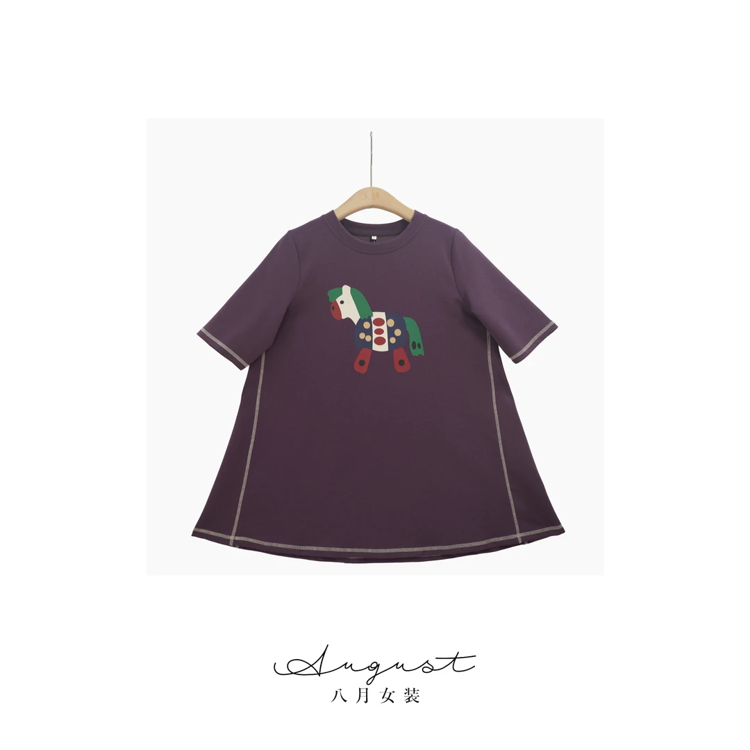 【BAYUE】3626小马气质印花短袖明线装饰休闲百搭中长款通勤上衣