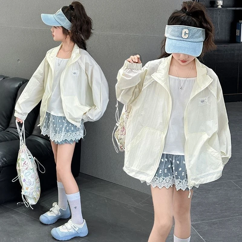 女童装夏季凉感防晒衣2025中大童百搭外套儿童时尚花边外穿皮肤衣