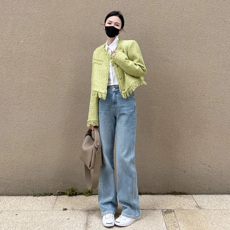 浅色牛仔裤女秋冬款2025年新款小个子高腰拖地窄版直筒加绒阔腿裤