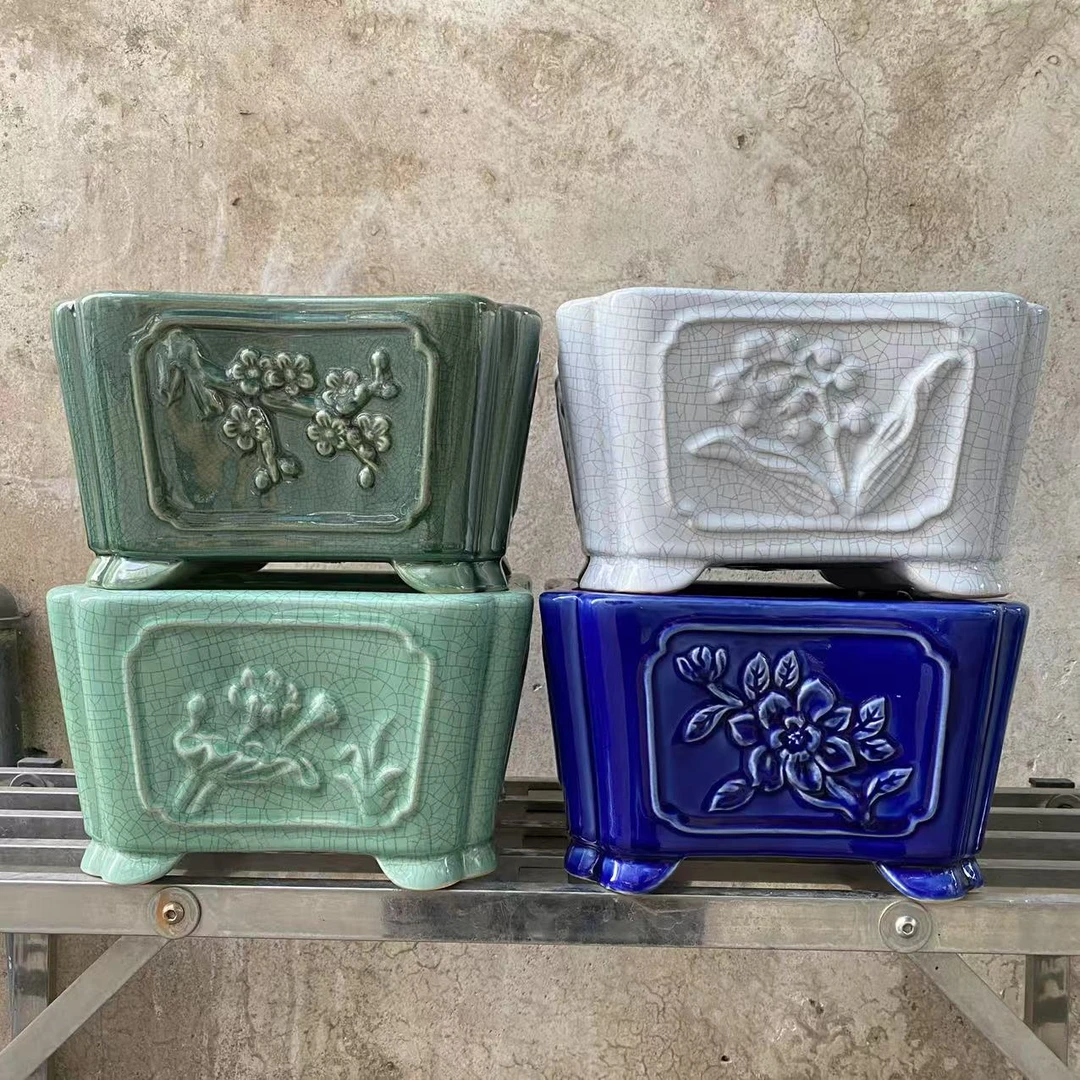 复古冰裂釉浮雕四方花盆用于绿植盆栽盆景造景