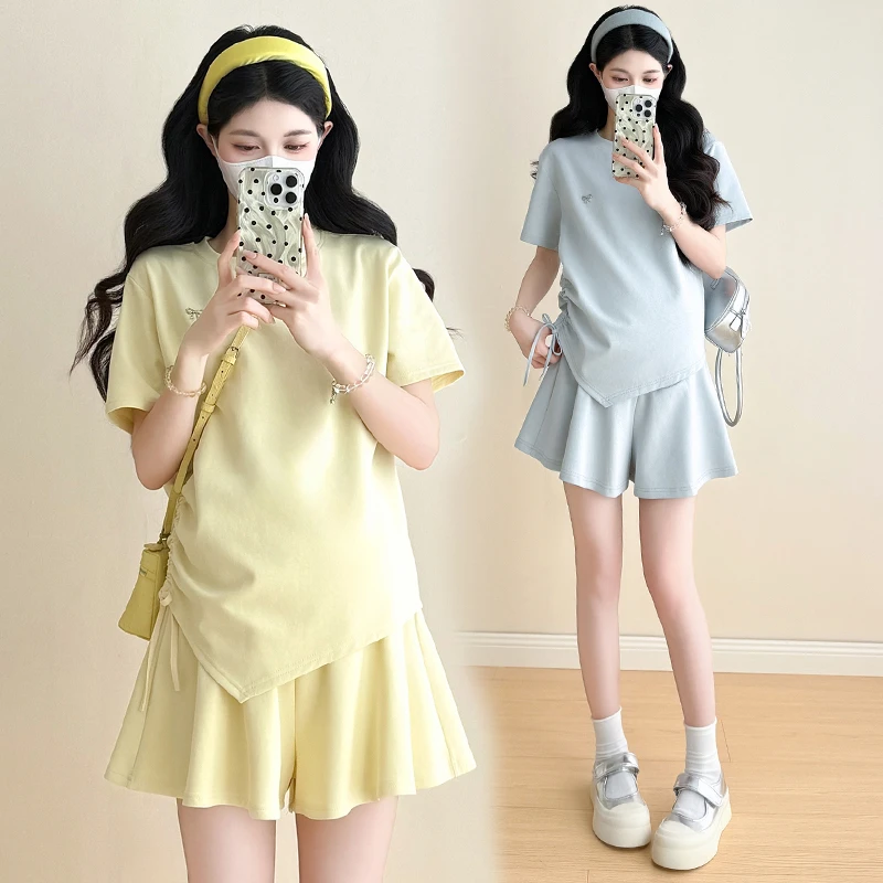 2025青春版孕妇夏装时尚宽松T恤+短裤简约外出两件套小个子套装