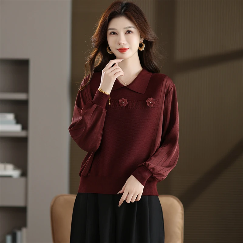 春秋季新款女长袖洋气妈妈小众针织拼接减龄时尚翻领立体花针织衫