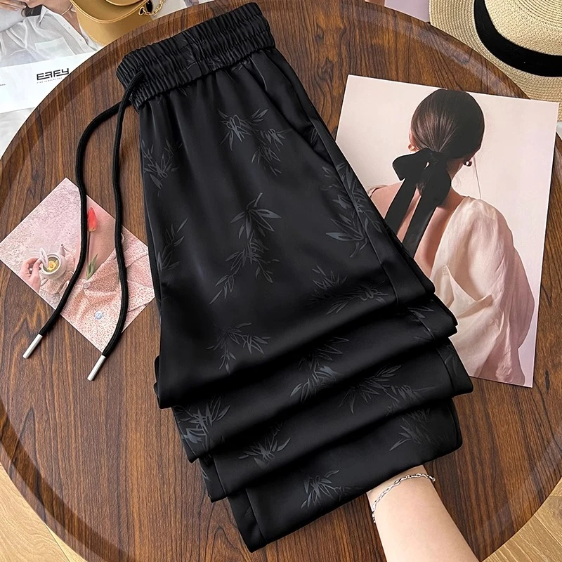 中国风大码冰丝阔腿裤女夏季薄款裤子女新款胖mm直筒宽松显瘦休闲