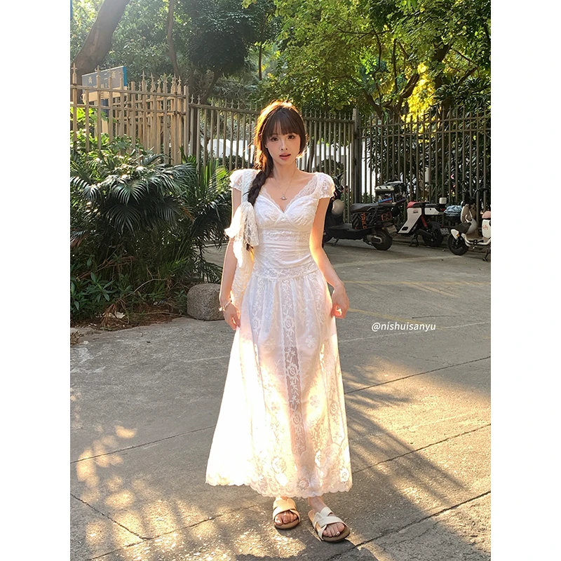 溺水三鱼【白色梦屿】春夏温柔风小飞袖a摆收腰蕾丝拼接镂空连衣裙