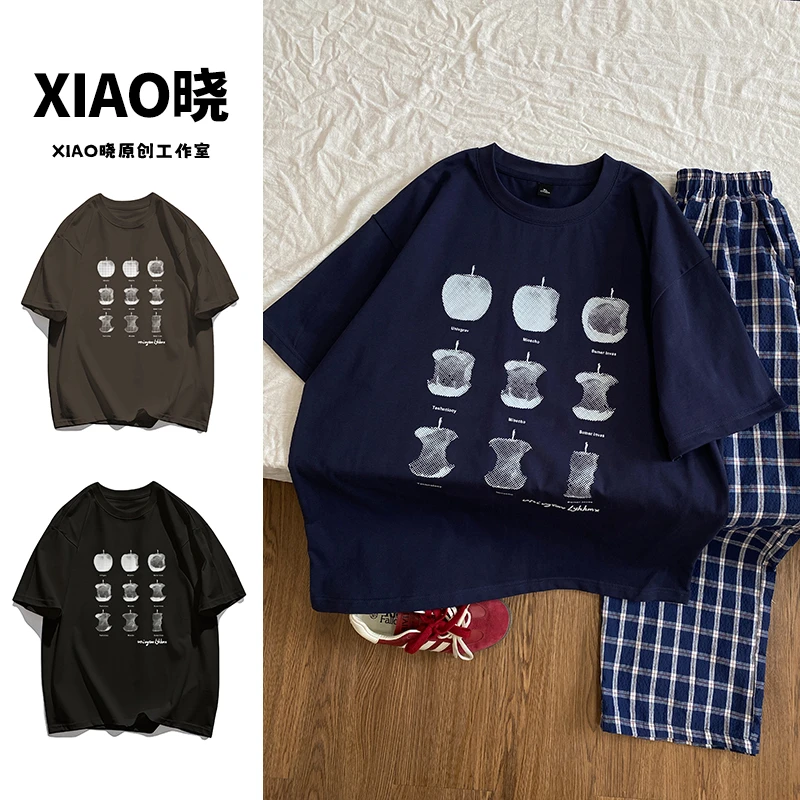 韩版宽松显瘦ins小众设计减龄像素风苹果印花纯棉休闲短袖T恤上衣