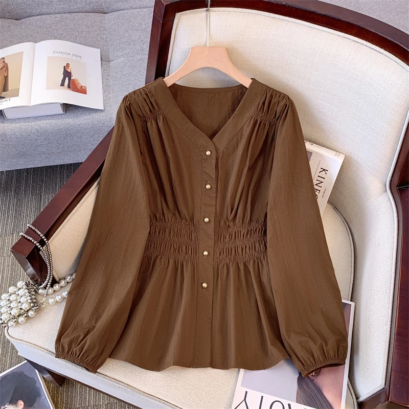 大码春季法式泡泡袖褶皱收腰长袖衬衫女胖妹妹显瘦气质上衣小衫女