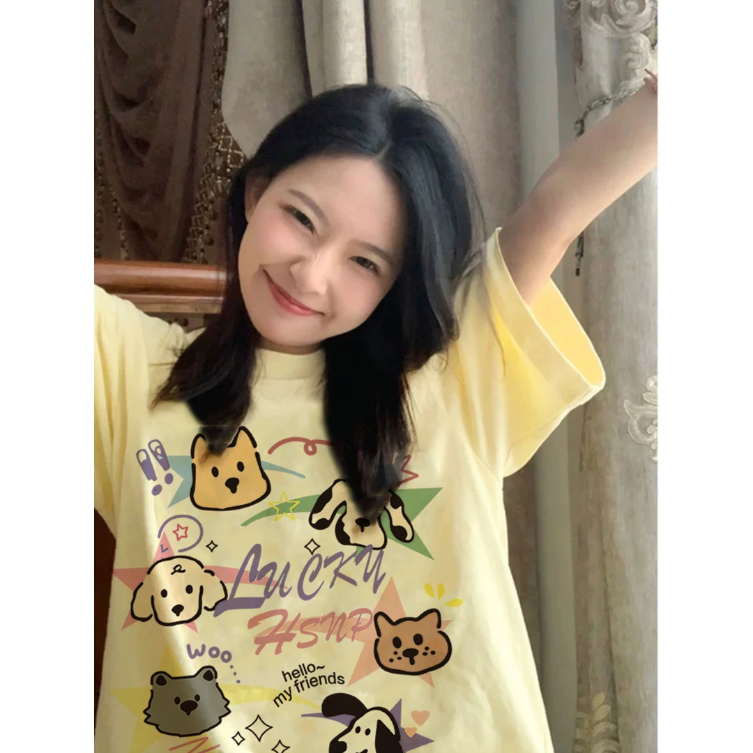 HSNP纯棉卡通狗狗新款短袖t恤女夏季小众设计感可爱穿搭上衣体恤
