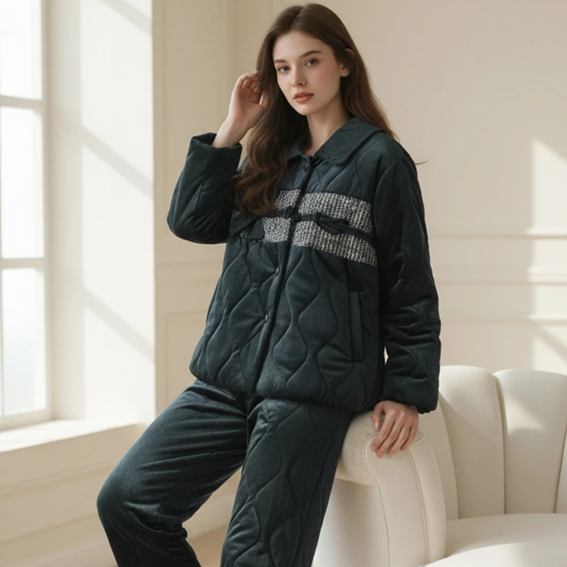 芬腾2025冬季新款夹棉睡衣女士加厚加绒三层保暖可外穿家居服套装