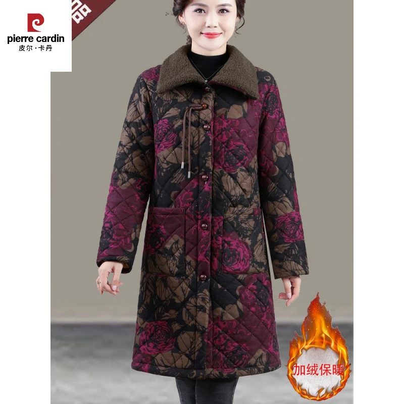 皮尔卡丹中老年新款衣女加绒加厚妈妈冬装服洋气保暖中长款花袄外