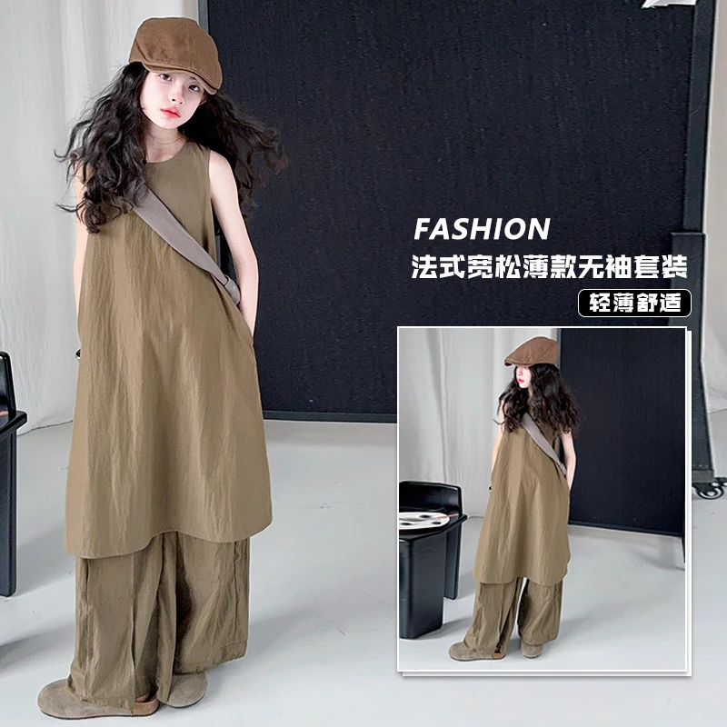 女童夏季2025新款韩版慵懒松弛宽松休闲阔腿裤复古套装百搭时尚潮