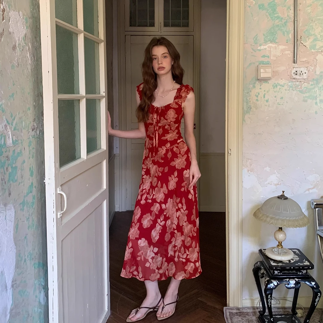 ZHUYIYI 新款碎花无袖连衣裙女夏收腰显瘦长裙露背高级感