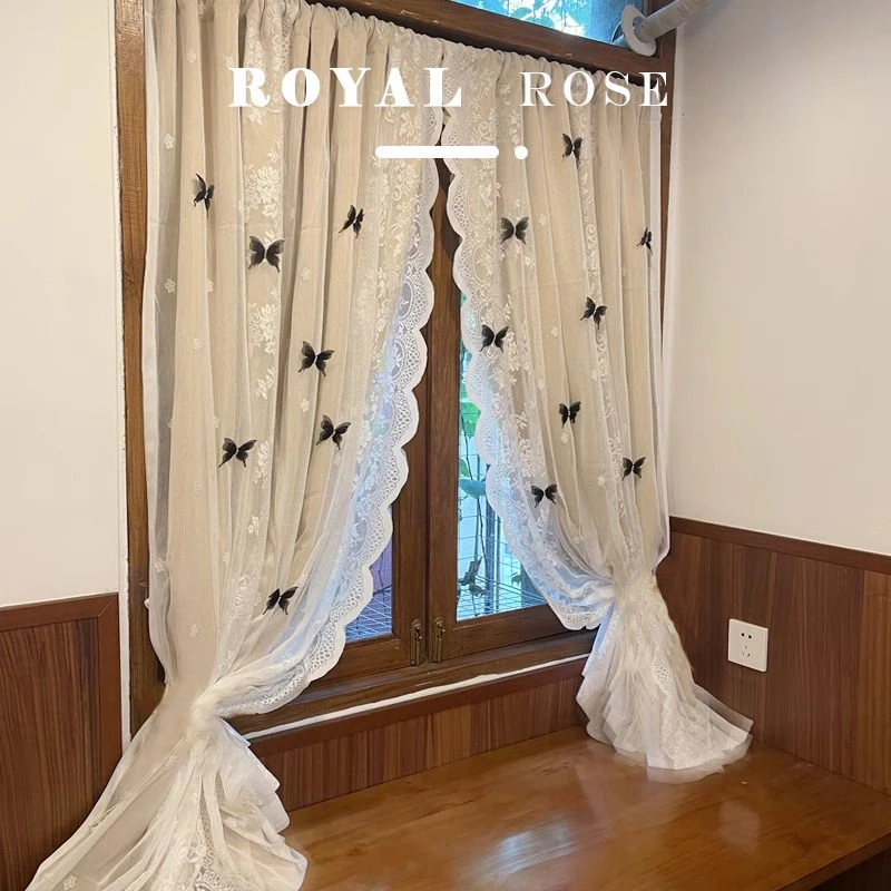 双层遮光卧室窗帘纱布一体公主风法式奶茶色ins蝴蝶网红蕾丝门帘
