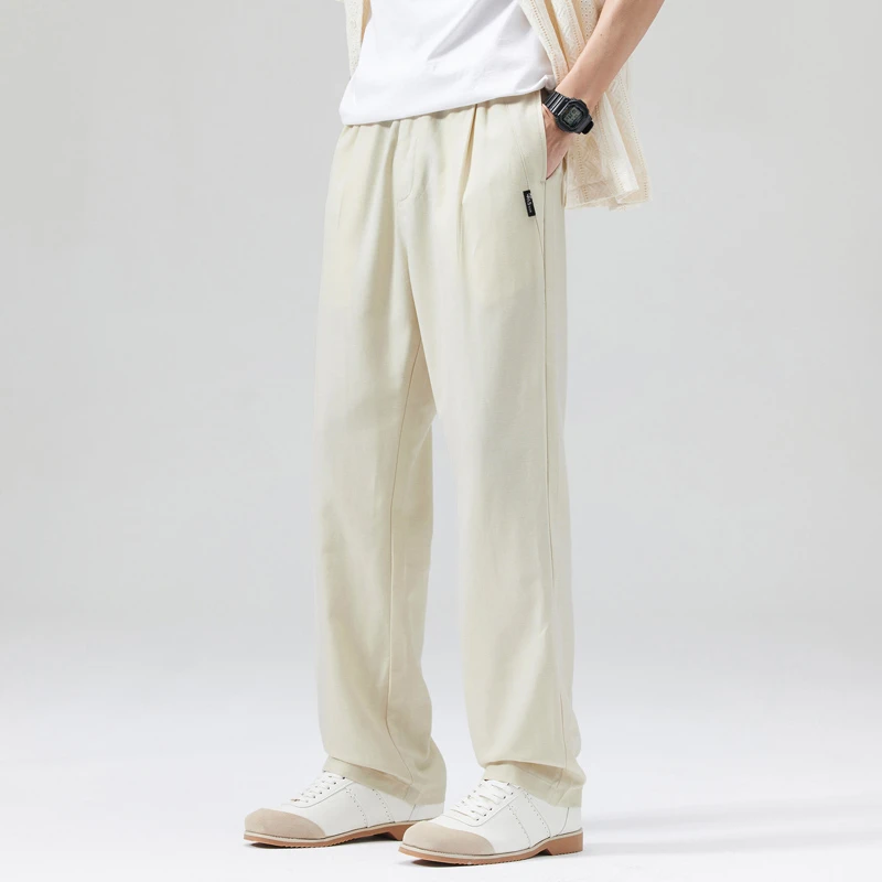2025亚麻莱赛尔休闲裤宽松直筒薄款潮牌米杏色百搭长裤夏季垂感