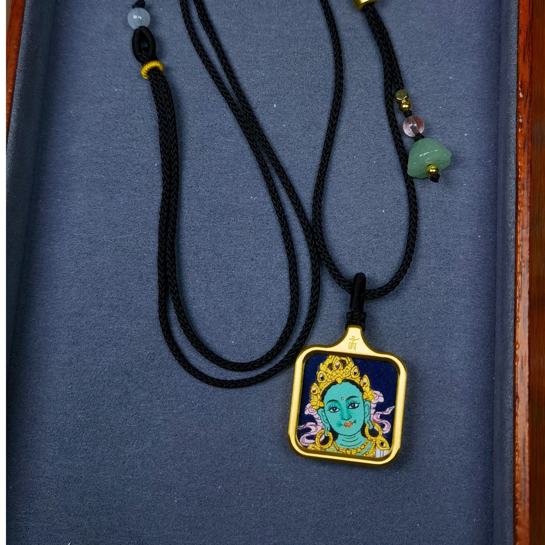 纯手绘矿料小唐卡绿度母吊坠