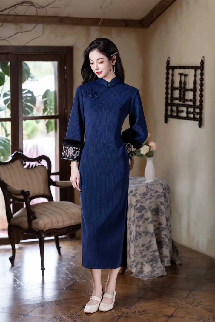【25秋冬款】蓝莲 精致改良旗袍长裙新中式气质日常秋冬立领旗袍