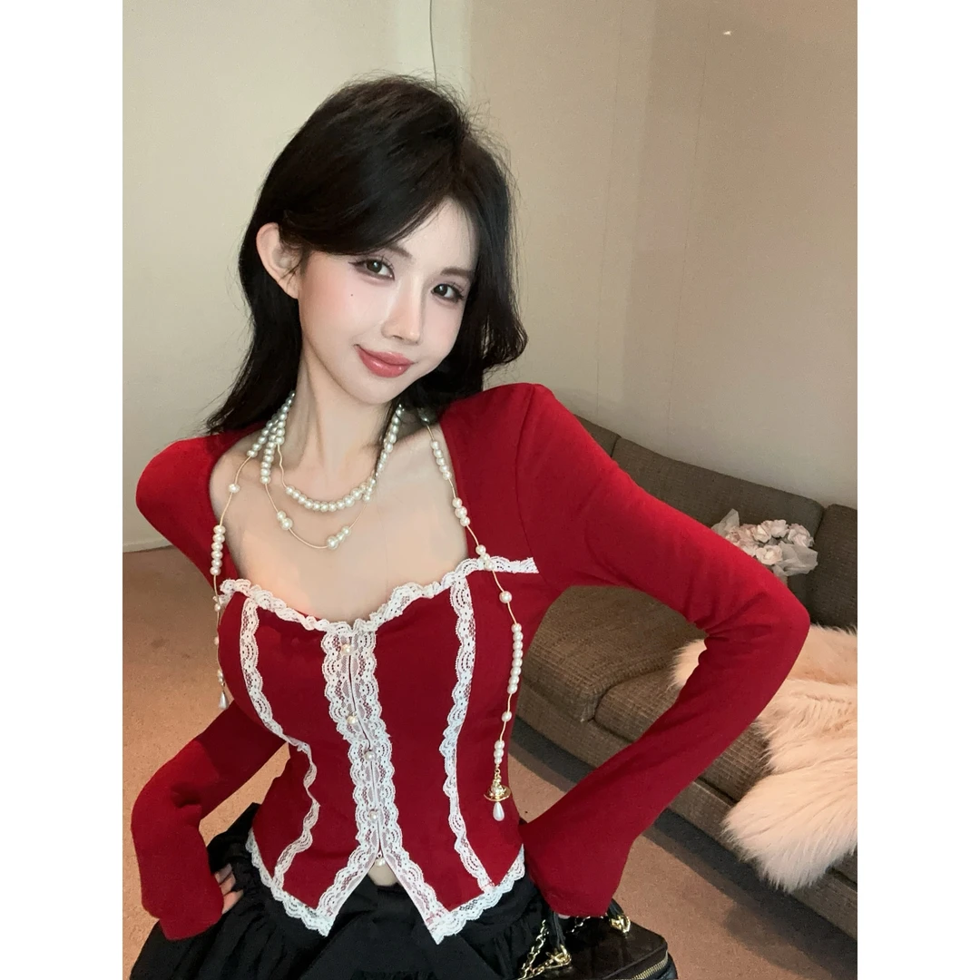 小香风方领鱼骨上衣秋冬圣诞新年红色带胸垫加厚蕾丝打底衫内搭