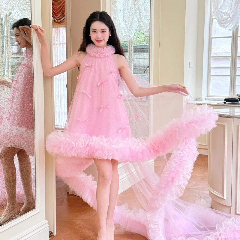 晨袍女新娘礼服法式高级挂脖订婚礼服粉色少女感可爱轻婚纱连衣裙