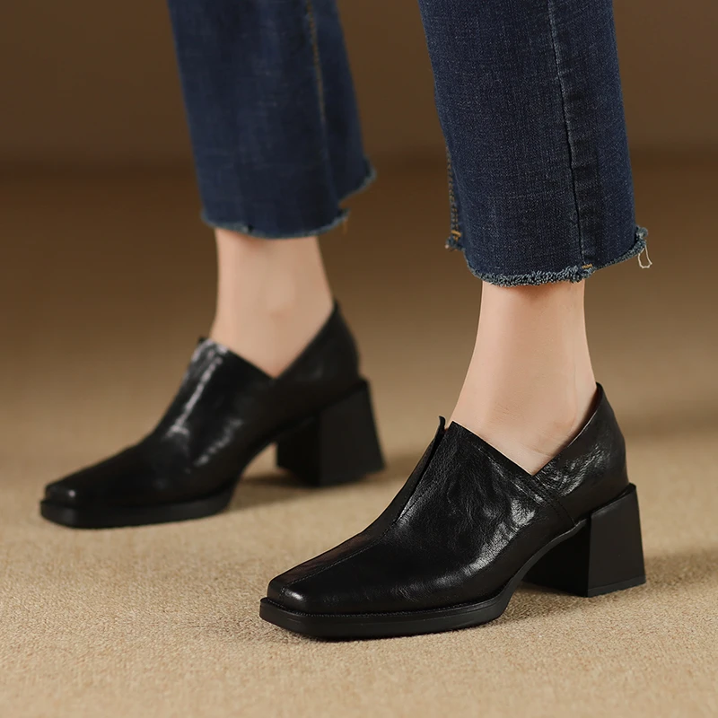 6cm法式复古棕色小方头高跟鞋女2025春秋新款粗跟深口侧拉链单鞋